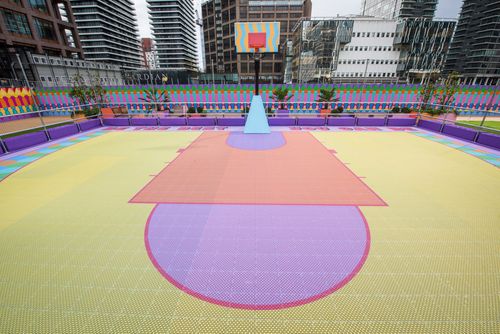 Yinka Ilori 3D prints Canary Wharf basketball court in rainbow c