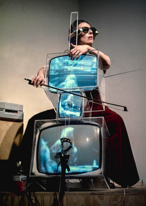 Charlotte Moorman performs Nam June Paik&rsquo;s TV Cello&nbsp;w