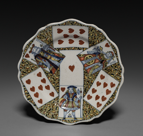 plate decorated with playing cards c. 1760.